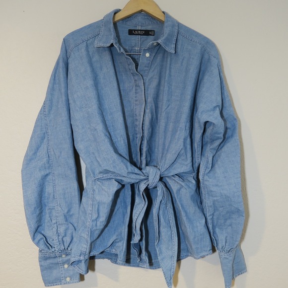 Lauren Ralph Lauren Tie Front Chambray Shirt Long Sleeve ASO Darla Queen Sugar - Picture 2 of 10